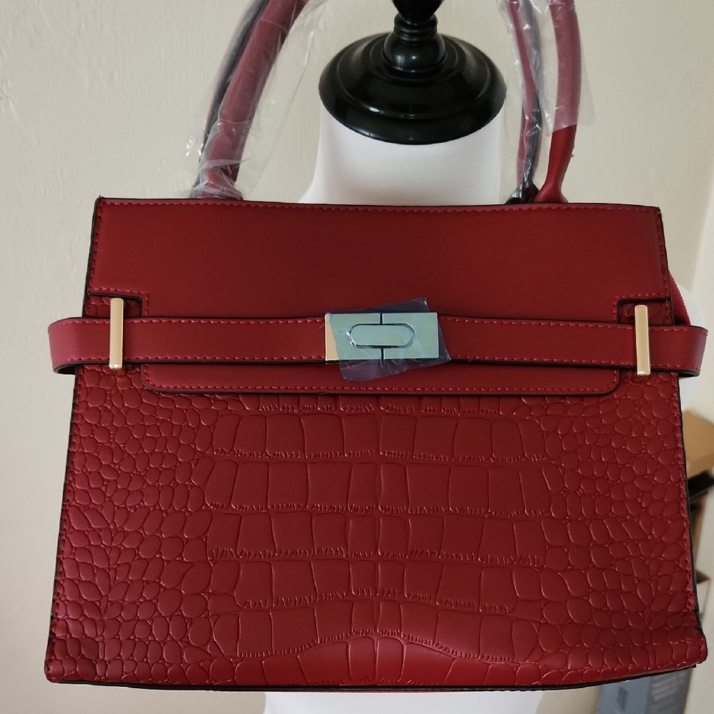 Sophisticated Red Satchel with Croc Texture